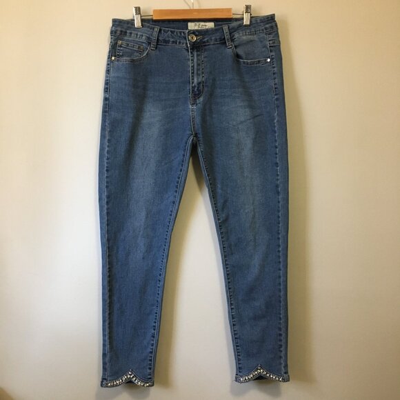 B.S. Jeans Blue Denim Ankle Jeans With Rhinestones + Pearls - Picture 1 of 16